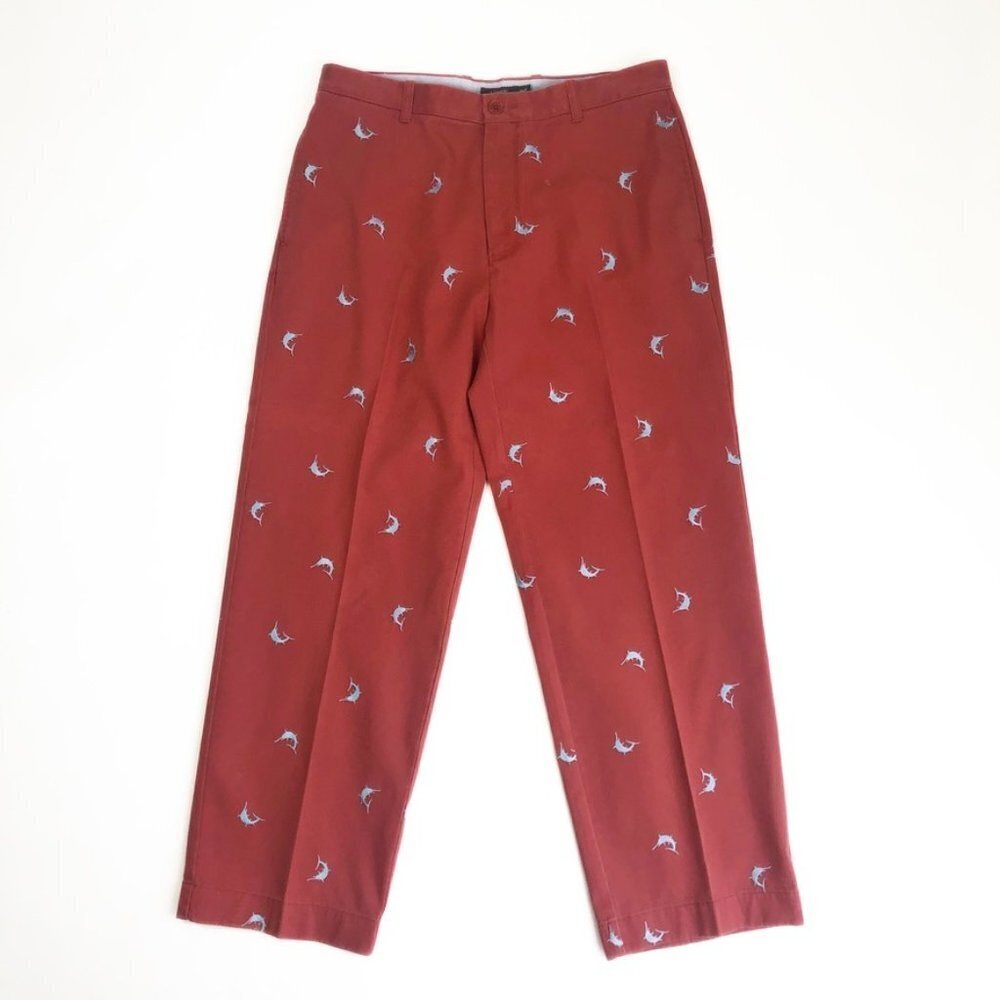 J. Crew Swordfish Embroidered Pants Men's Size 34 x 30 Nantucket Red Blue Preppy
